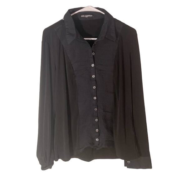Karl Lagerfeld Tops - Karl lagerfeld paris black ruffled button down stretch shirt sz L